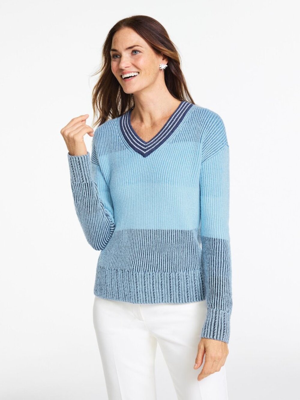Talbots Ombre Stripe V-Neck Sweater in Blue - Size L
